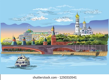 Cityscape of embankment of Kremlin towers and bridge across Moscow river (Red Square, Moscow, Russia) Colorful isolated vector hand drawing illustration.