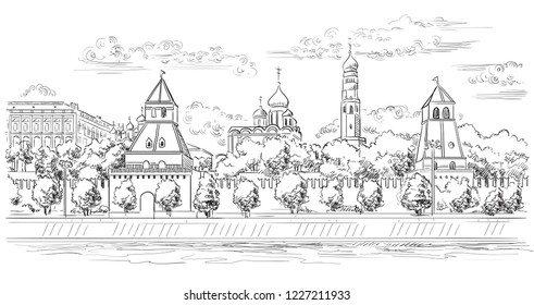 Cityscape of embankment of Kremlin towers and Moscow river (Red Square, Moscow, Russia) isolated vector hand drawing illustration in black color on white background