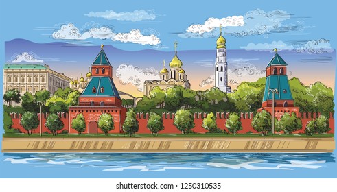 Cityscape of embankment of Kremlin towers and Moscow river (Red Square, Moscow, Russia) Colorful isolated vector hand drawing illustration.