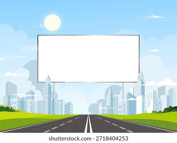 Cityscape with empty billboard over urban road,modern skyline,blue sky,clouds.Vector Spring landscape for outdoor advertising,marketing branding presentation,mockup transportation,business promotion