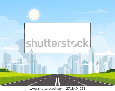 Cityscape with empty billboard over urban road,modern skyline,blue sky,clouds.Vector Spring landscape for outdoor advertising,marketing branding presentation,mockup transportation,business promotion