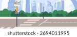 Cityscape with empty road, sidewalks and traffic light. City crossroad with crosswalk for pedestrians. Panorama of crossing roadway, overpass, urban zebra and skyscrapers. Flat vector illustration