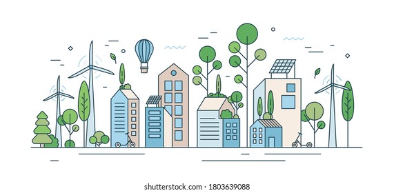 Cityscape with environmentally friendly technology or ecology protection vector illustration in line art style. City landscape with solar energy equipment, kick scooter and wind power isolated