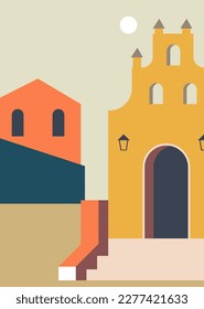 Cityscape of European city with historical sights and architecture of past. Church or castle with stairs and lanterns, skyline of urban area, old monuments and exterior. Vector in flat style