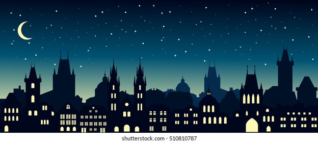 Cityscape in the european city at night. Silhouette of Prague. Vector illustration for website or banner. Travel background.