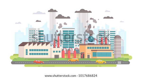 Cityscape with a factory - modern flat design\
style vector illustration on white background. A composition with a\
big plant making hazardous substances emissions with pipes. Air\
pollution concept