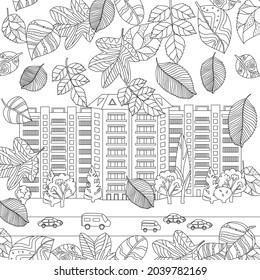 cityscape with falling autumn bizarre leaves for your coloring book