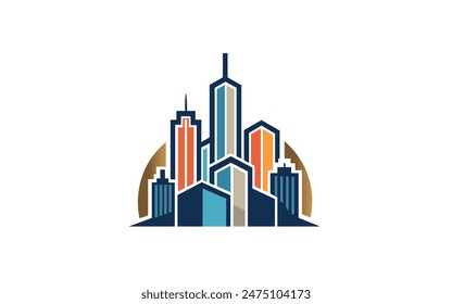 A cityscape featuring towering skyscrapers and various buildings in a bustling metropolis, Create a minimalist design of a city skyline with clean lines and geometric shapes Free Vector