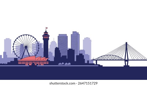 Paisagem urbana com torre de roda gigante e ponte