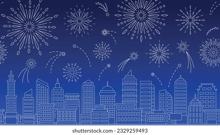 Cityscape with fireworks. Night blue city sky with flashes, sparks and firecrackers. Outline buildings and nightlife. Holiday, festival and celebration concept. Linear flat vector illustration