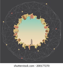 Cityscape Fish Eye View with Net - Vector Illustration