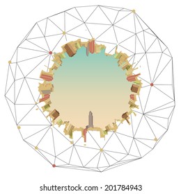 Cityscape Fish Eye View with Net - Vector Illustration