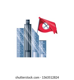 cityscape and flag with wrenches tools crossed