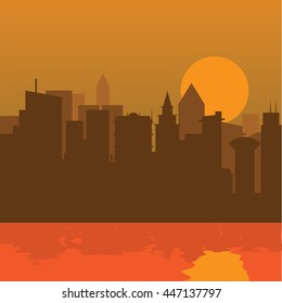 Cityscape with flat color design. Evening cityscape vector illustration. Sunset landscape concept and city at the river with reflection.