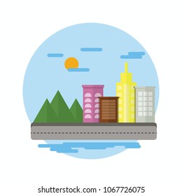 Cityscape  in flat design style road, buildings, mountains, sun and many clouds.