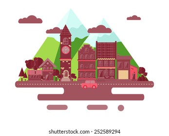 Cityscape flat illustration with mountain 
