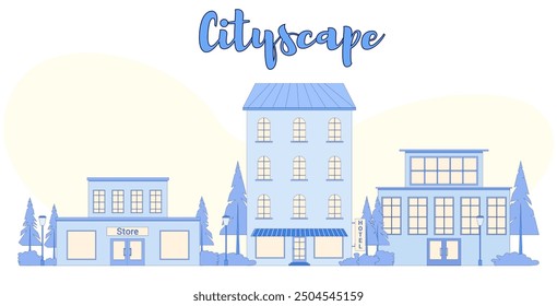 Cityscape in flat style. Linear style. Houses made of geometric objects. Buildings. Rental and booking. Gilles. eIllustration for a website, post, article,