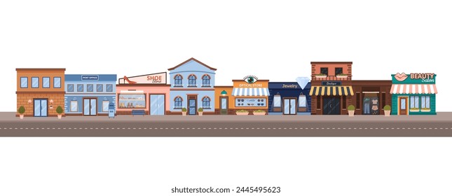 Cityscape with flat urban buildings. Horizontal banner with municipal post office, jewelry, boutique, optics store, shoe store, beauty salon on white background. Vector illustration.