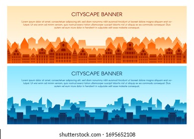 Cityscape flat vector banner templates set. Modern city panorama illustration with text space