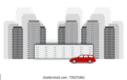Cityscape flat vector illustration in monochrome black and white colors, red car standing near the buildings, vector illustration. Modern down town isolated on white background.
