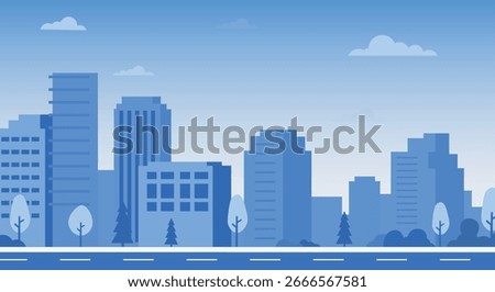 Cityscape flat vector illustration with urban buildings and trees in a blue, monochromatic style