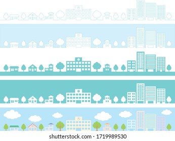 cityscape frame set, house and school and office and sky and tree town