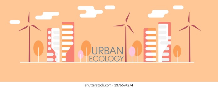 Cityscape. Future city, futuristic architecture and windmills. Caring for the environment. Ecology. Autumn city