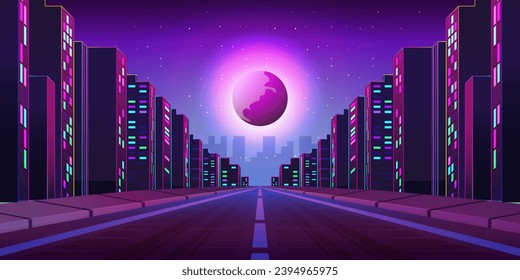 cityscape with futuristic city and road at moon night, Road to night city, empty highway with glowing street lamps and skyline with urban architecture.