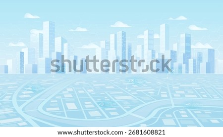 Cityscape with geolocation pins and data points. Digital Navigation Map Interface. Futuristic smart navigation system in modern city. Vector illustration