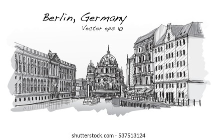 Cityscape in Germany. Berlin Cathedral. Old building hand drawn sketch, vector illustration