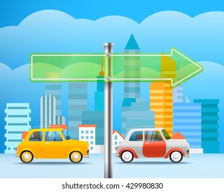 Cityscape with a glass board. City traffic illustration. Direction to the right