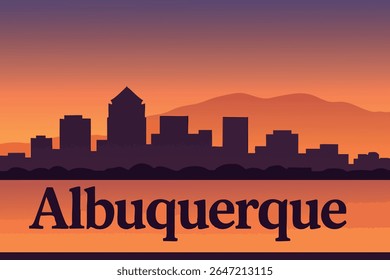 Albuquerque’s cityscape glows during twilight, with the warm hues of sunset reflecting off the city’s vibrant skyline, set against the backdrop of the desert and surrounding mountains