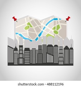 cityscape with gps service icon vector illustration design