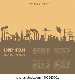 Cityscape graphic template. Industry city buildings. Vector illustration with different industrial buildings. City constructor. Template with place for text. Colour version