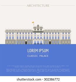 Cityscape graphic template. Modern city architecture. Vector illustration of classic royal palace. City constructor. Template with place for text. Colour version