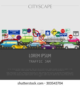 Cityscape graphic template. Modern city. Vector illustration. Traffic jam, transport, cars, road signs. City constructor. Template with place for text. Colour version