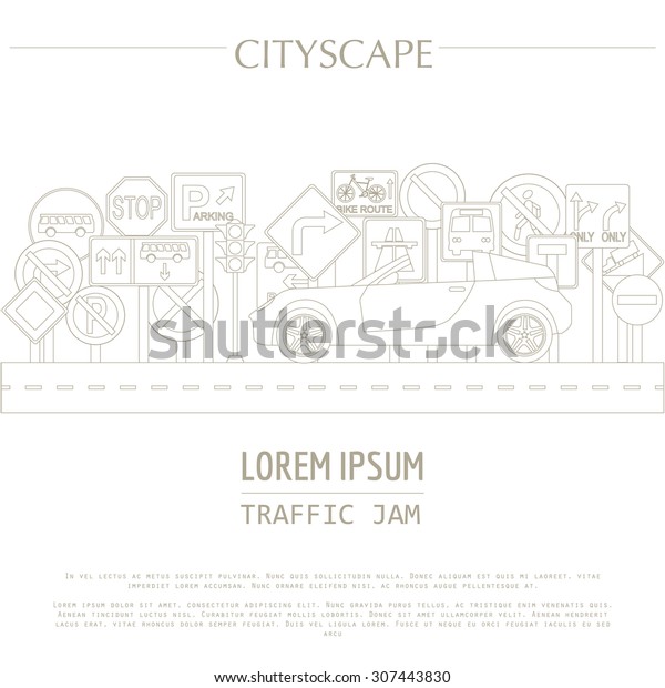Cityscape graphic template.
Modern city. Vector illustration. Traffic jam, transport, cars,
road signs. City constructor. Template with place for text. Outline
version