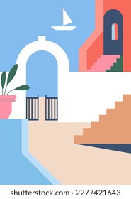 Cityscape of greek city, streets with traditional houses exterior design and sea with sailing boat. Summertime and vacation, leisure and holidays rest in village or town. Vector in flat style