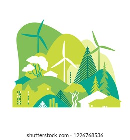Cityscape with green hills. Preservation of the environment, ecology, alternative energy sources. Vector illustration.