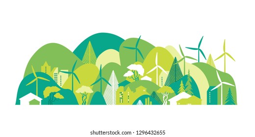 Cityscape with green hills. Preservation of the environment, ecology, alternative energy sources. Vector illustration.