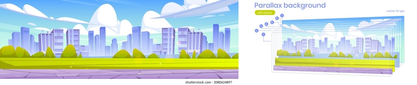 Cityscape with green lawn, bushes, stone road and buildings on skyline. Vector parallax background for 2d animation with cartoon illustration of summer landscape with field and town on horizon