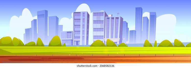 Cityscape with green lawn, bushes, walkway and urban buildings on skyline. Vector cartoon illustration of summer landscape with road, field and town on horizon