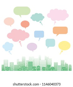 Cityscape of the green silhouette and speech balloons