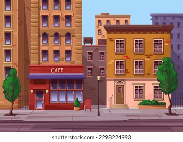 Cityscape with green trees city buildings under clear blue sky. Apartment buildings, skyscrapers, city cafe. Empty street, sidewalk, roadway. Colorful urban scape cartoon. Vector illustration.