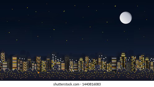 Cityscape with Group of Skyscrapers in the night. and the panorama view. and a house or village. and the skies during the night and the Starry sky. and origami style design. and an background.
