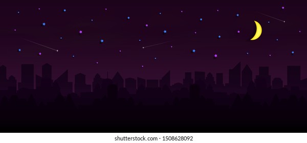 Cityscape with Group of Skyscrapers in the night. and the panorama view. and a house or village. and the skies during the night and the Starry sky. and origami style design. and an background.