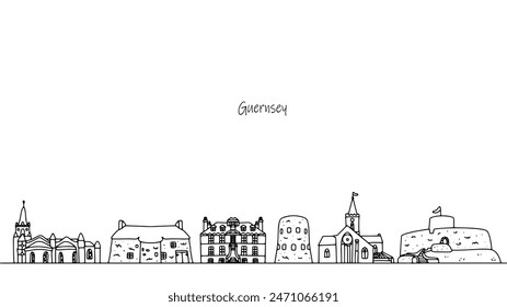 Cityscape of Guernsey. Sights drawn with black lines on a white background. Travel vector for different uses.