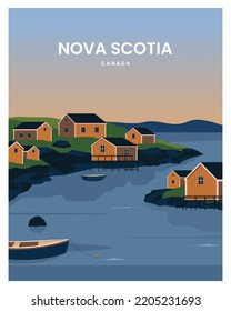 cityscape from the harbor in Nova Scotia landscape background. Travel to Nova Scotia Canada. cartoon vector illustration with minimalist style.