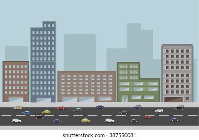 Cityscape with heavy traffic road. vector illustration