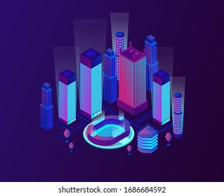 Cityscape with high skyscrapers and big illuminated stadium. Neon lights in flat town. Glass buildings with roads vector illustration.